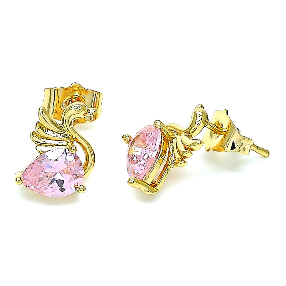 Oro Laminado Stud Earring, Gold Filled Style Swan Design, with Pink Cubic Zirconia, Polished, Golden Finish