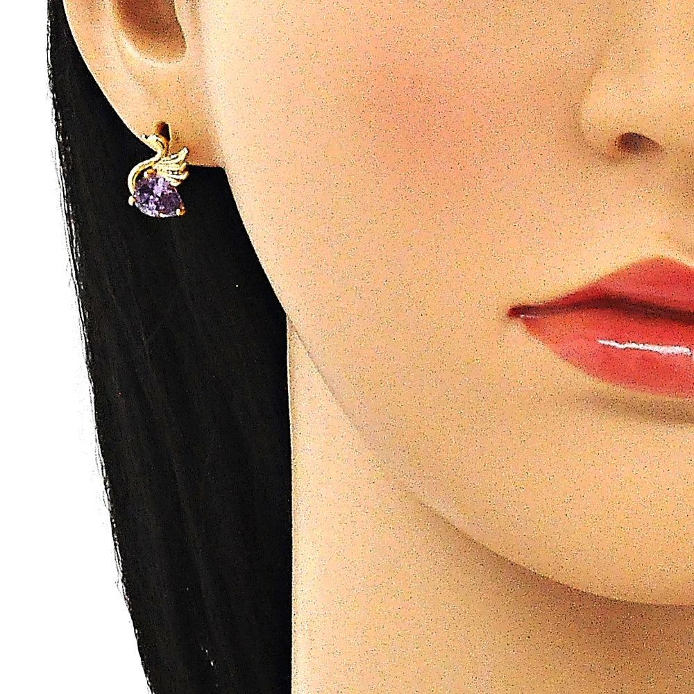 Oro Laminado Stud Earring, Gold Filled Style Swan Design, with Amethyst Cubic Zirconia, Polished, Golden Finish