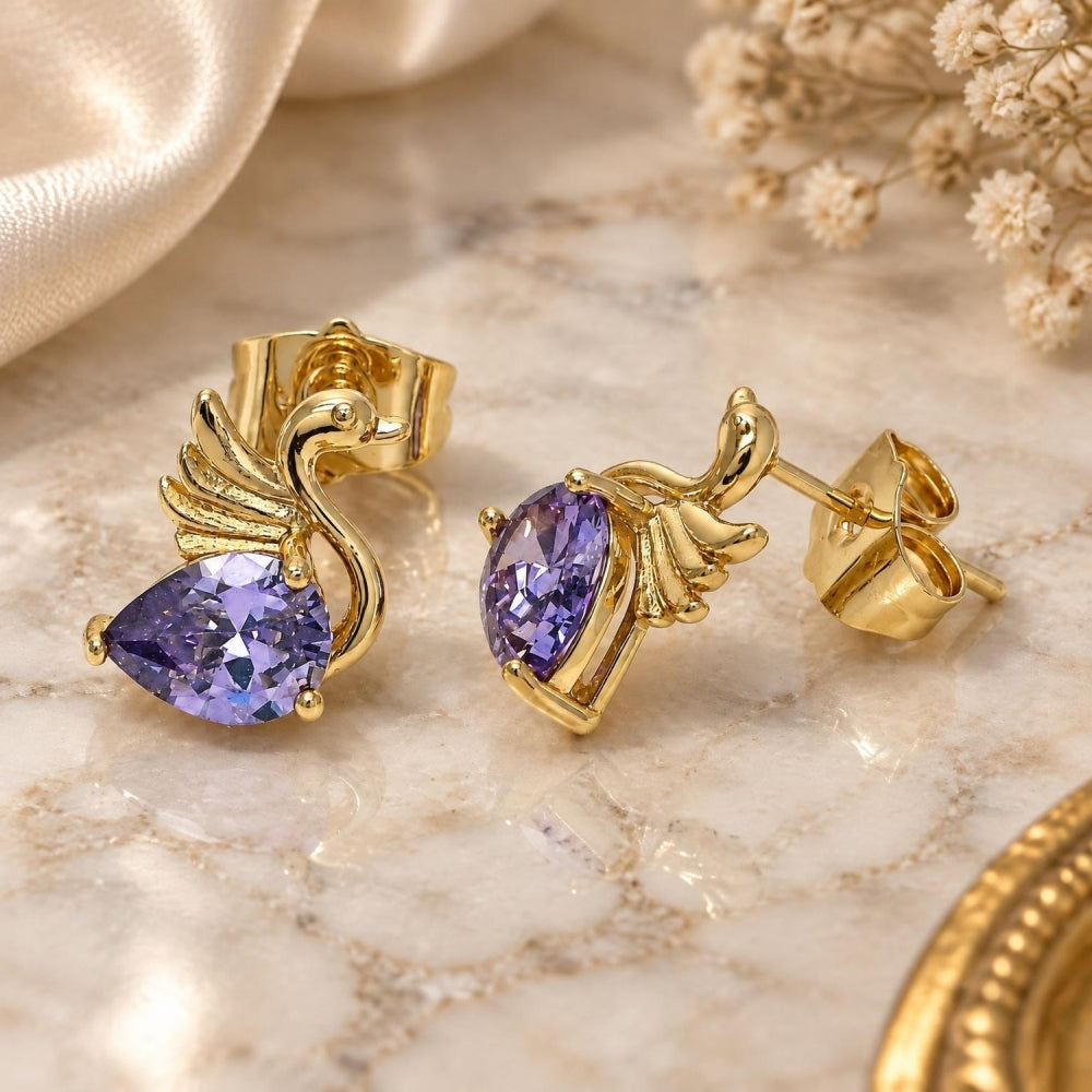 Oro Laminado Stud Earring, Gold Filled Style Swan Design, with Amethyst Cubic Zirconia, Polished, Golden Finish