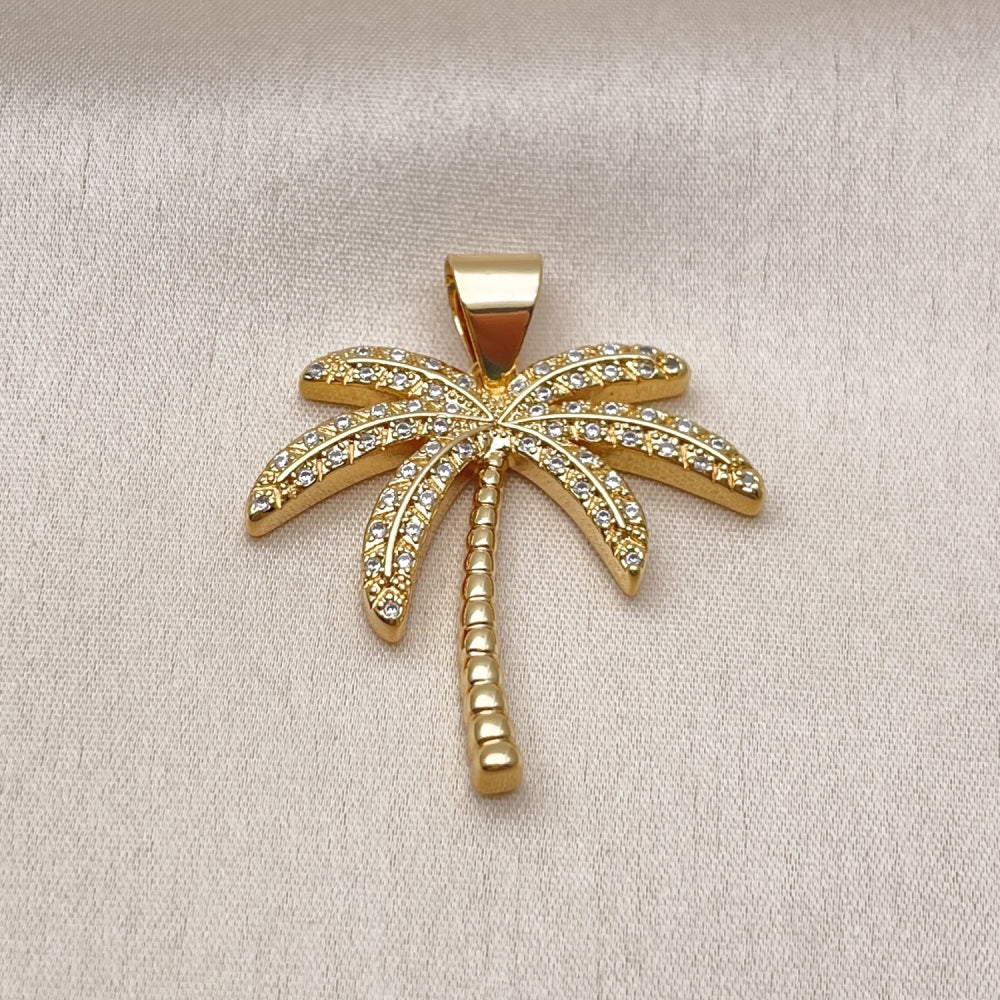 Oro Laminado Fancy Pendant, Gold Filled Style Palm Tree Design, with White Micro Pave, Polished, Golden Finish
