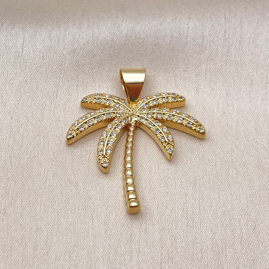 Oro Laminado Fancy Pendant, Gold Filled Style Palm Tree Design, with White Micro Pave, Polished, Golden Finish