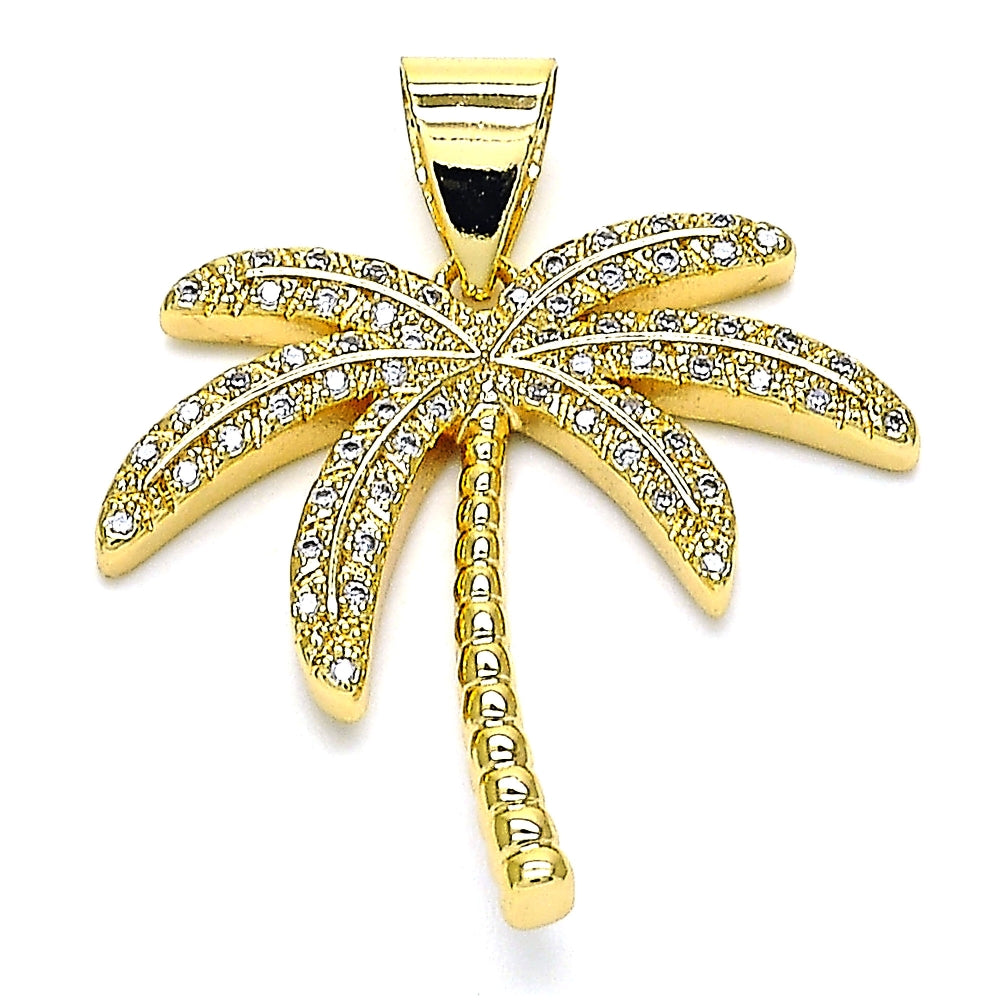 Oro Laminado Fancy Pendant, Gold Filled Style Palm Tree Design, with White Micro Pave, Polished, Golden Finish