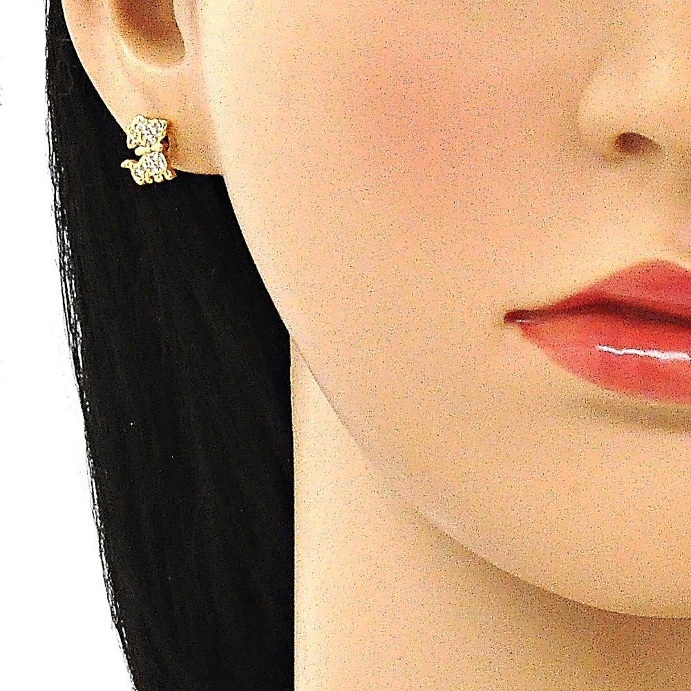 Oro Laminado Stud Earring, Gold Filled Style Dog Design, with White Micro Pave, Polished, Golden Finish