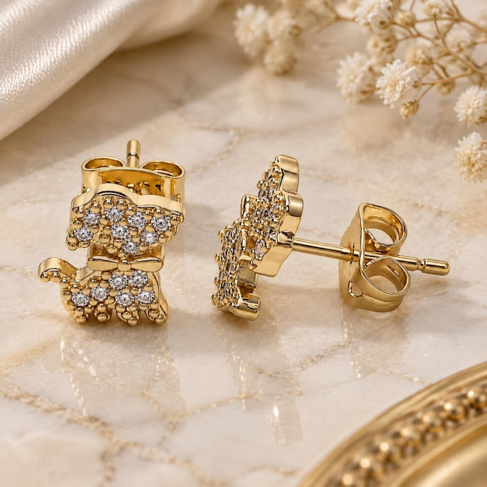 Oro Laminado Stud Earring, Gold Filled Style Dog Design, with White Micro Pave, Polished, Golden Finish