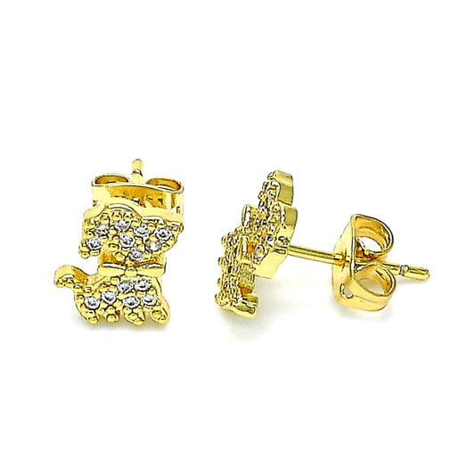 Oro Laminado Stud Earring, Gold Filled Style Dog Design, with White Micro Pave, Polished, Golden Finish