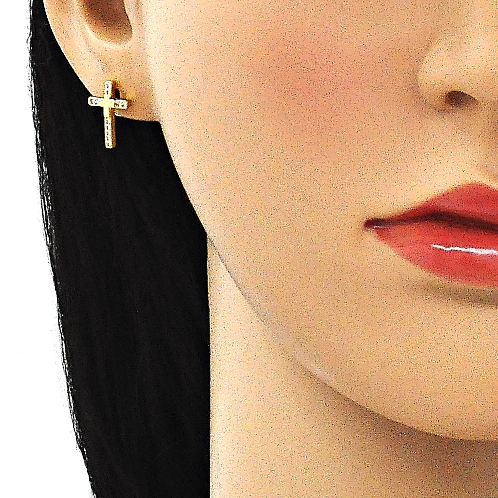 Oro Laminado Stud Earring, Gold Filled Style Cross Design, with White Micro Pave, Polished, Golden Finish
