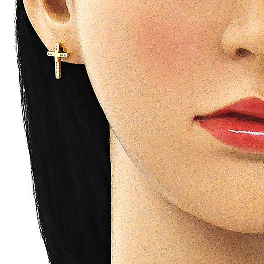 Oro Laminado Stud Earring, Gold Filled Style Cross Design, with White Micro Pave, Polished, Golden Finish