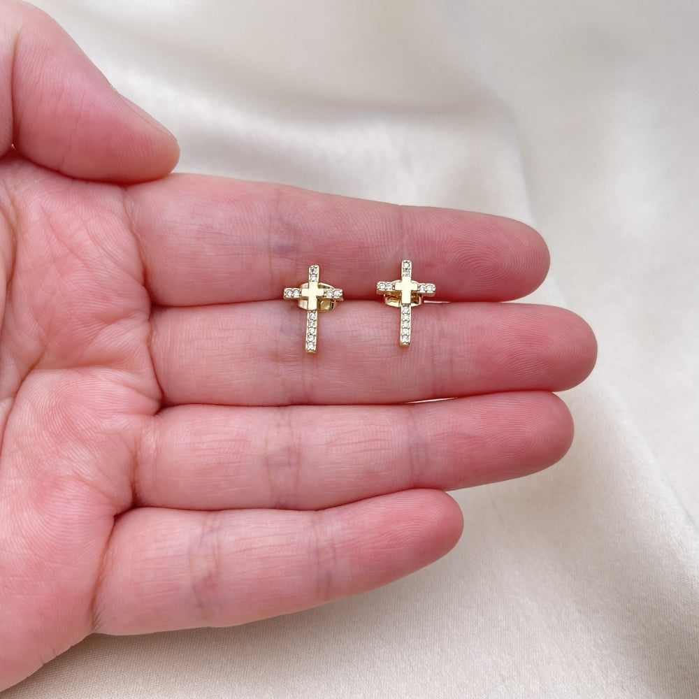 Oro Laminado Stud Earring, Gold Filled Style Cross Design, with White Micro Pave, Polished, Golden Finish