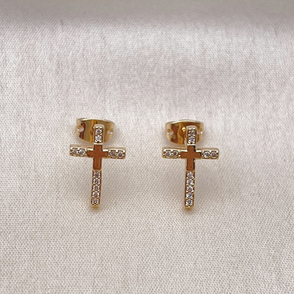 Oro Laminado Stud Earring, Gold Filled Style Cross Design, with White Micro Pave, Polished, Golden Finish