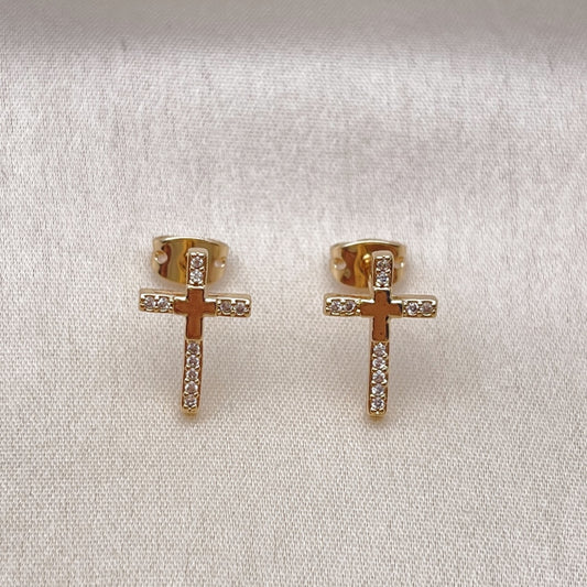 Oro Laminado Stud Earring, Gold Filled Style Cross Design, with White Micro Pave, Polished, Golden Finish