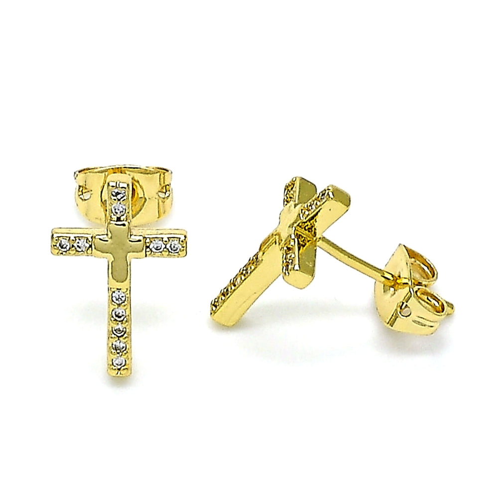 Oro Laminado Stud Earring, Gold Filled Style Cross Design, with White Micro Pave, Polished, Golden Finish