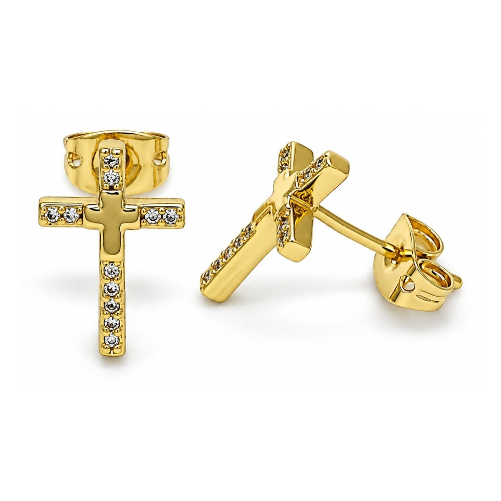 Oro Laminado Stud Earring, Gold Filled Style Cross Design, with White Micro Pave, Polished, Golden Finish