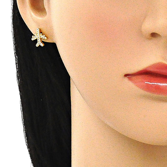 Oro Laminado Stud Earring, Gold Filled Style with White Micro Pave, Polished, Golden Finish