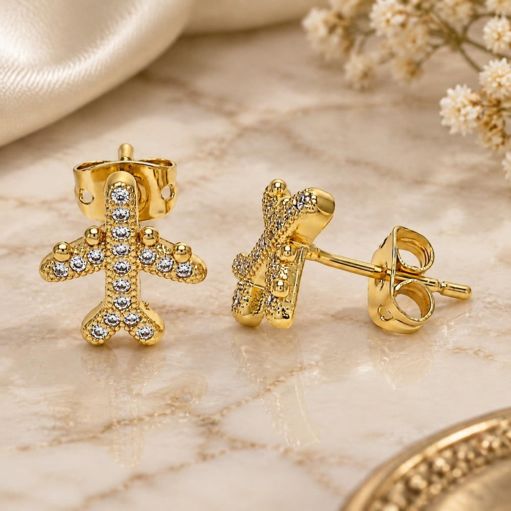 Oro Laminado Stud Earring, Gold Filled Style with White Micro Pave, Polished, Golden Finish