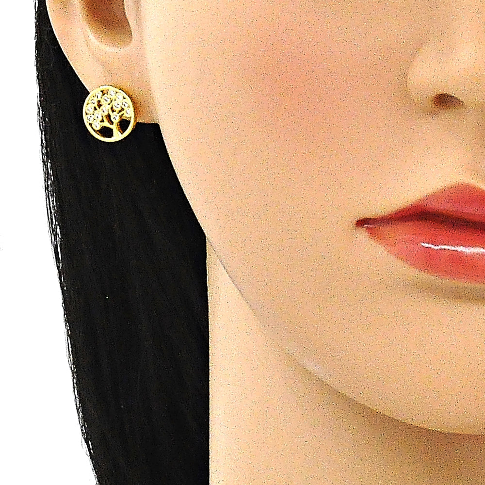 Oro Laminado Stud Earring, Gold Filled Style Tree Design, with White Micro Pave, Polished, Golden Finish