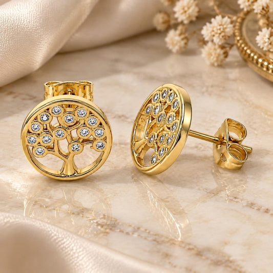 Oro Laminado Stud Earring, Gold Filled Style Tree Design, with White Micro Pave, Polished, Golden Finish
