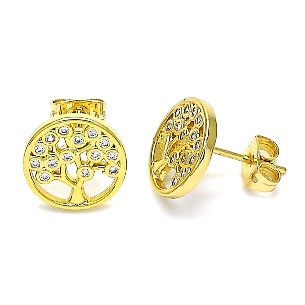 Oro Laminado Stud Earring, Gold Filled Style Tree Design, with White Micro Pave, Polished, Golden Finish