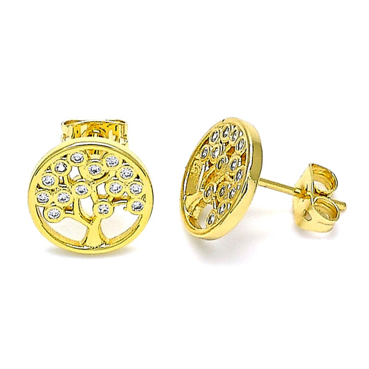 Oro Laminado Stud Earring, Gold Filled Style Tree Design, with White Micro Pave, Polished, Golden Finish
