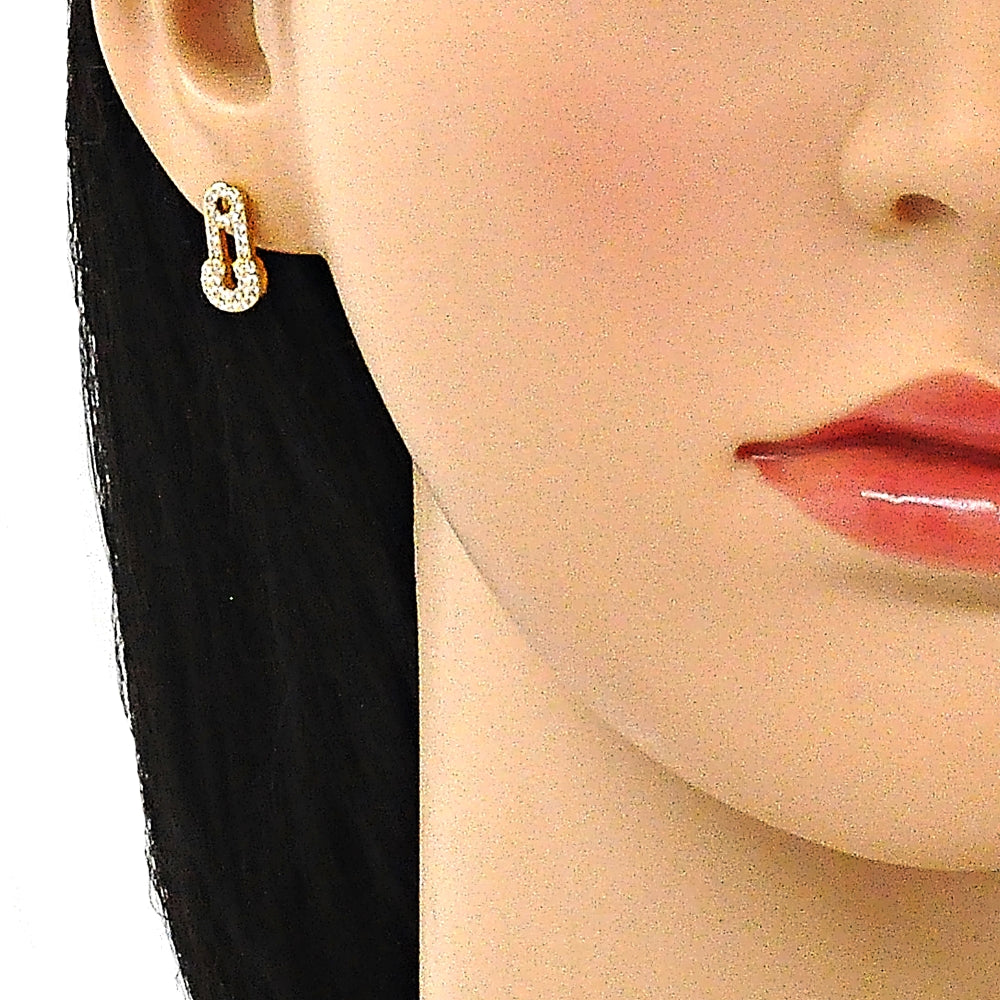 Oro Laminado Stud Earring, Gold Filled Style Paperclip Design, with White Micro Pave, Polished, Golden Finish