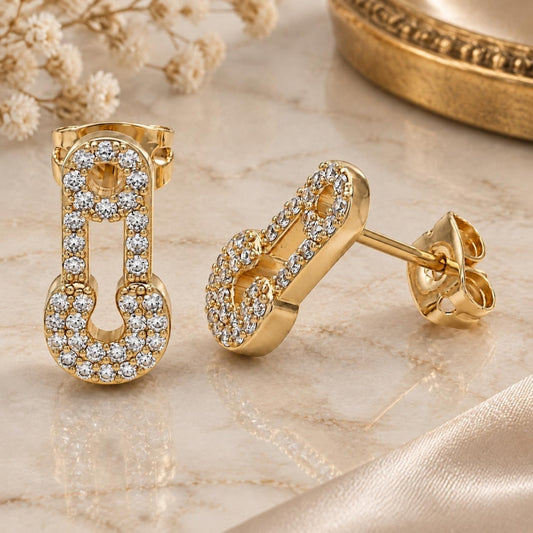 Oro Laminado Stud Earring, Gold Filled Style Paperclip Design, with White Micro Pave, Polished, Golden Finish