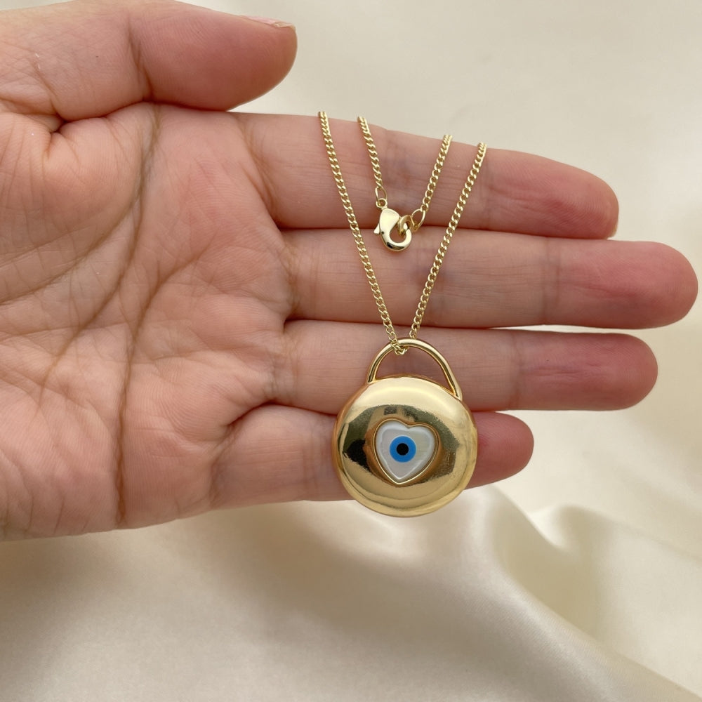 Oro Laminado Pendant Necklace, Gold Filled Style Evil Eye and Heart Design, with White Mother of Pearl, Polished, Golden Finish