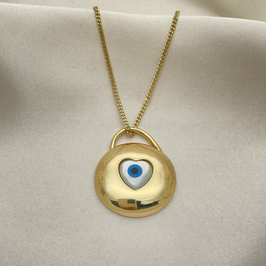 Oro Laminado Pendant Necklace, Gold Filled Style Evil Eye and Heart Design, with White Mother of Pearl, Polished, Golden Finish