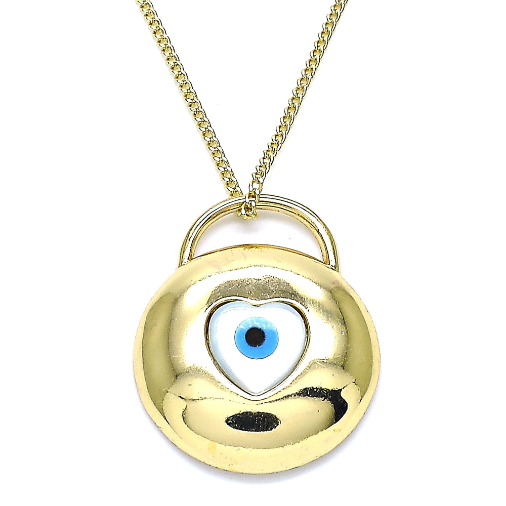 Oro Laminado Pendant Necklace, Gold Filled Style Evil Eye and Heart Design, with White Mother of Pearl, Polished, Golden Finish