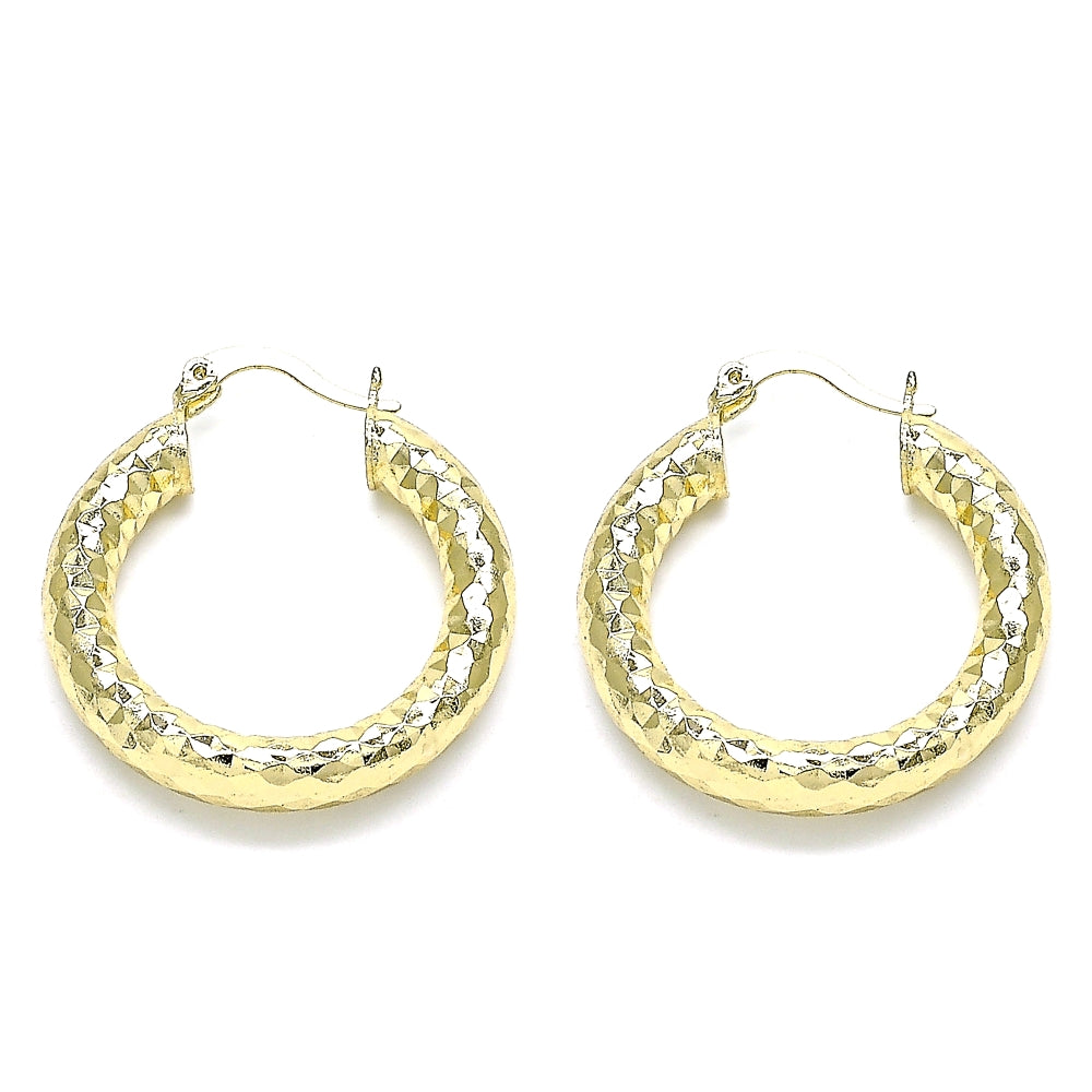 Oro Laminado Medium Hoop, Gold Filled Style Hollow Design, Diamond Cutting Finish, Golden Finish