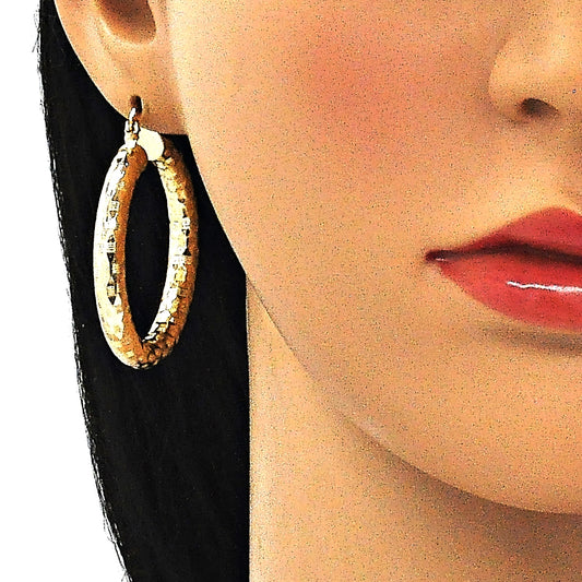 Oro Laminado Medium Hoop, Gold Filled Style Hollow Design, Diamond Cutting Finish, Golden Finish