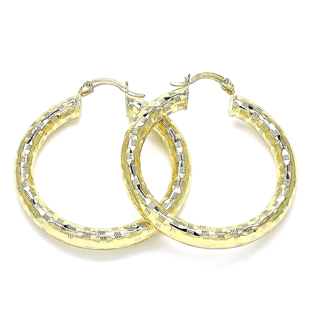 Oro Laminado Medium Hoop, Gold Filled Style Hollow Design, Diamond Cutting Finish, Golden Finish