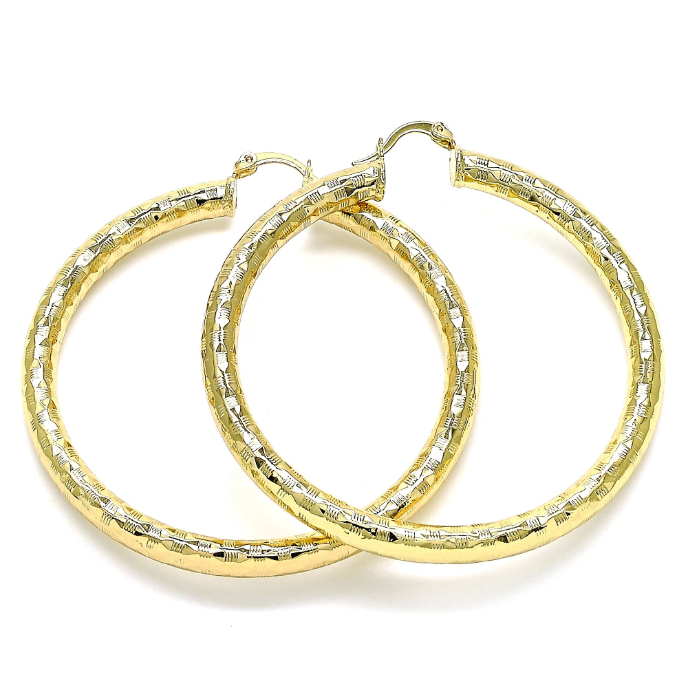 Oro Laminado Large Hoop, Gold Filled Style Hollow Design, Diamond Cutting Finish, Golden Finish