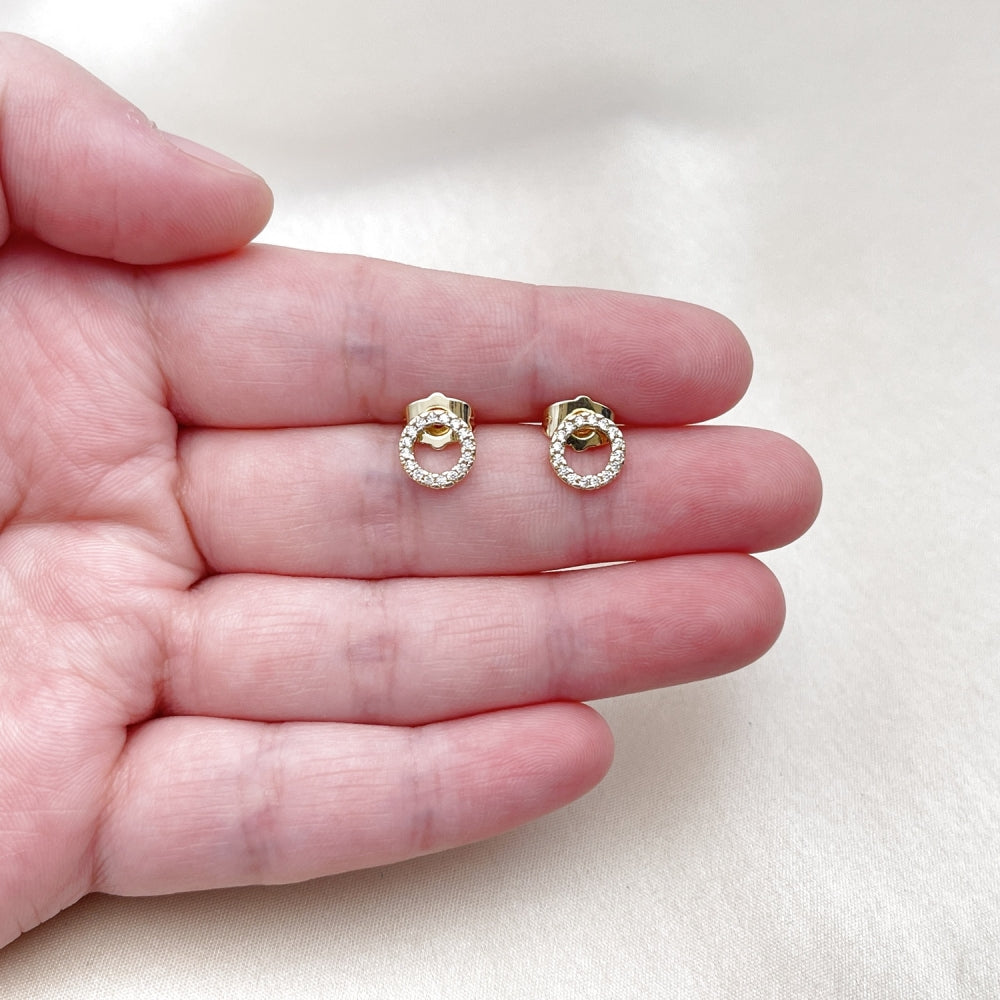 Oro Laminado Stud Earring, Gold Filled Style with White Micro Pave, Polished, Golden Finish
