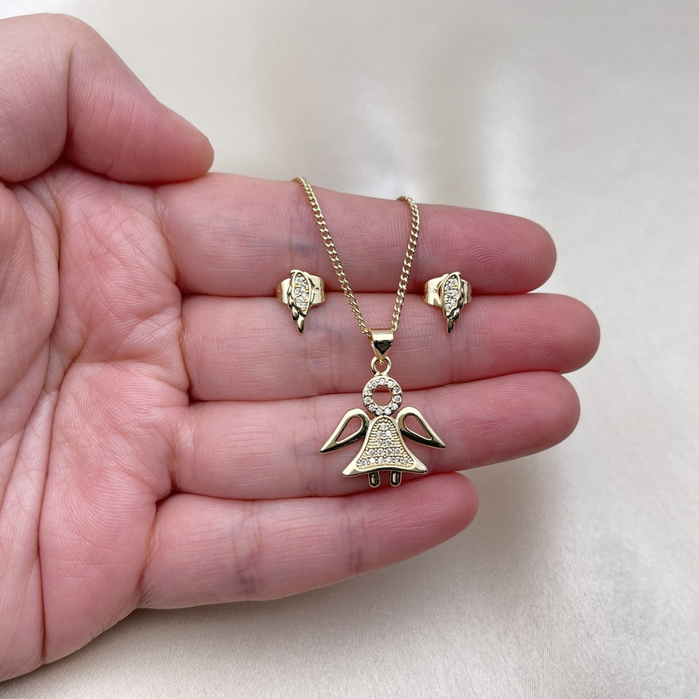Oro Laminado Earring and Pendant Adult Set, Gold Filled Style Angel Design, with White Micro Pave, Polished, Golden Finish