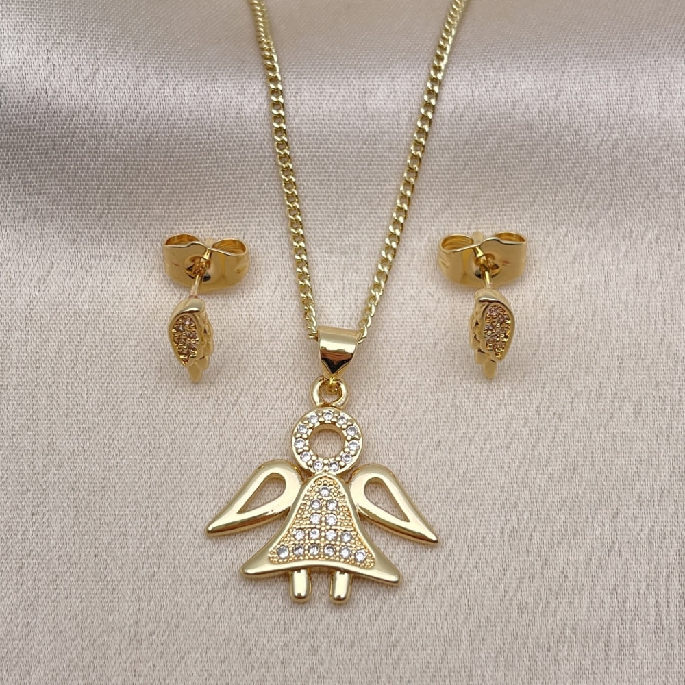 Oro Laminado Earring and Pendant Adult Set, Gold Filled Style Angel Design, with White Micro Pave, Polished, Golden Finish