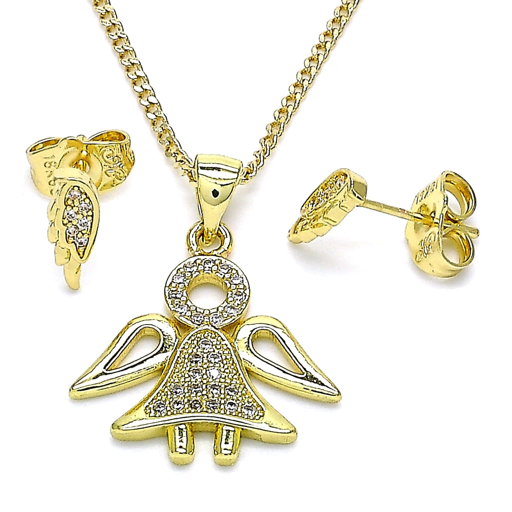 Oro Laminado Earring and Pendant Adult Set, Gold Filled Style Angel Design, with White Micro Pave, Polished, Golden Finish