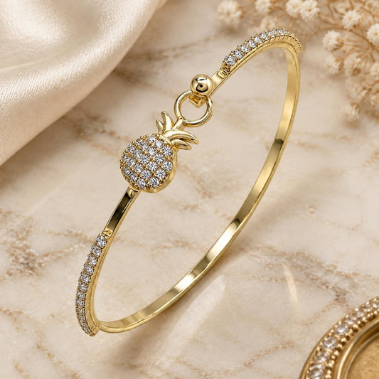 Oro Laminado Individual Bangle, Gold Filled Style Pineapple Design, with White Micro Pave and White Crystal, Polished, Golden Finish