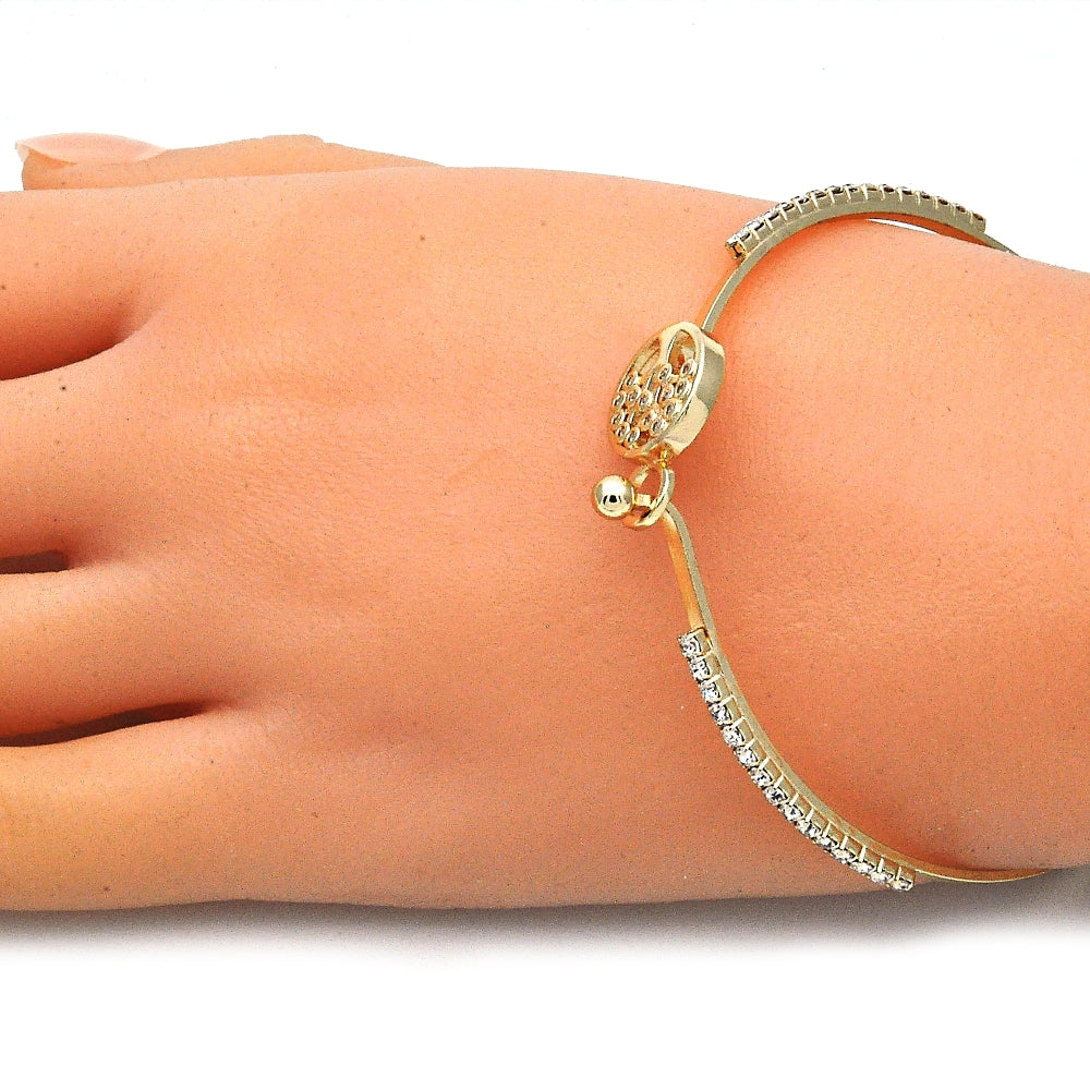 Oro Laminado Individual Bangle, Gold Filled Style Tree Design, with White Micro Pave and White Crystal, Polished, Golden Finish