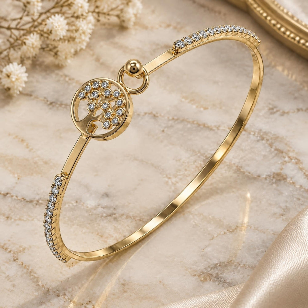 Oro Laminado Individual Bangle, Gold Filled Style Tree Design, with White Micro Pave and White Crystal, Polished, Golden Finish