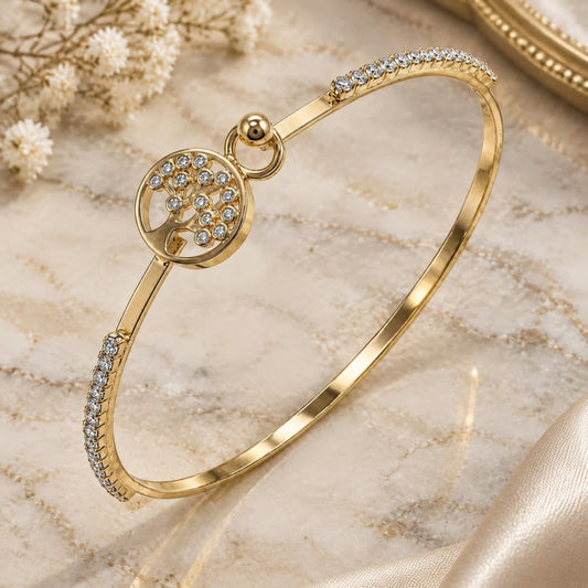 Oro Laminado Individual Bangle, Gold Filled Style Tree Design, with White Micro Pave and White Crystal, Polished, Golden Finish
