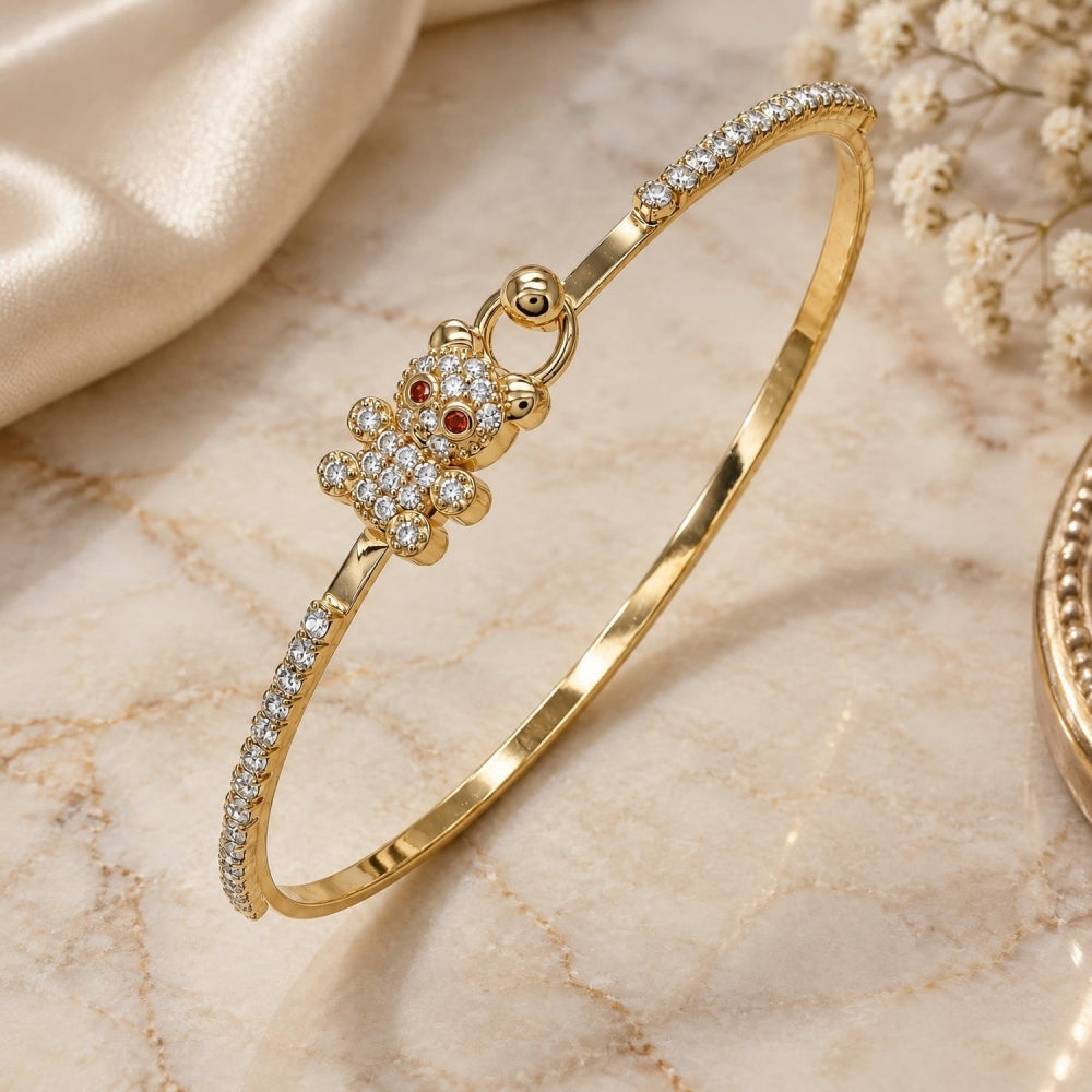 Oro Laminado Individual Bangle, Gold Filled Style Teddy Bear Design, with White and Garnet Micro Pave, Polished, Golden Finish
