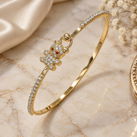 Oro Laminado Individual Bangle, Gold Filled Style Teddy Bear Design, with White and Garnet Micro Pave, Polished, Golden Finish