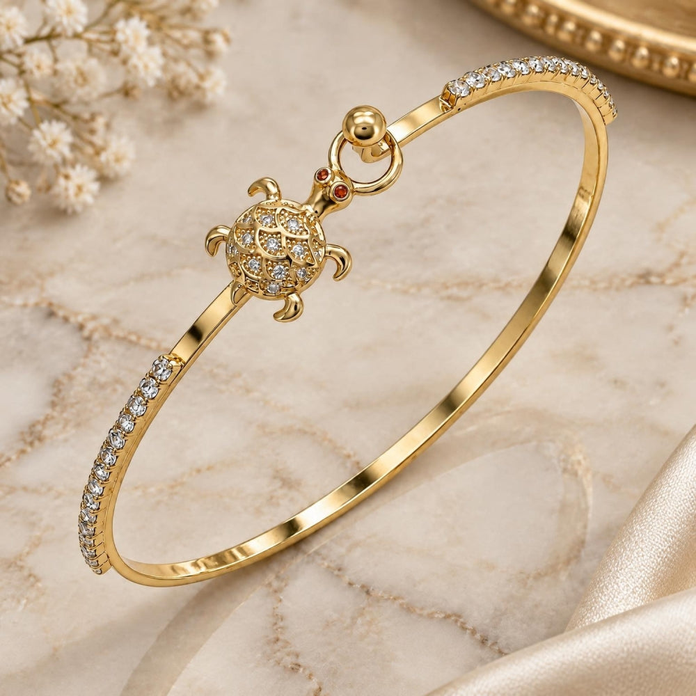 Oro Laminado Individual Bangle, Gold Filled Style Turtle Design, with White and Garnet Micro Pave, Polished, Golden Finish