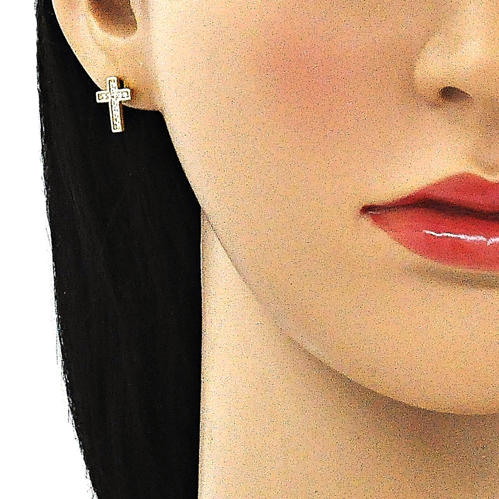 Oro Laminado Stud Earring, Gold Filled Style Cross Design, with White Micro Pave, Polished, Golden Finish