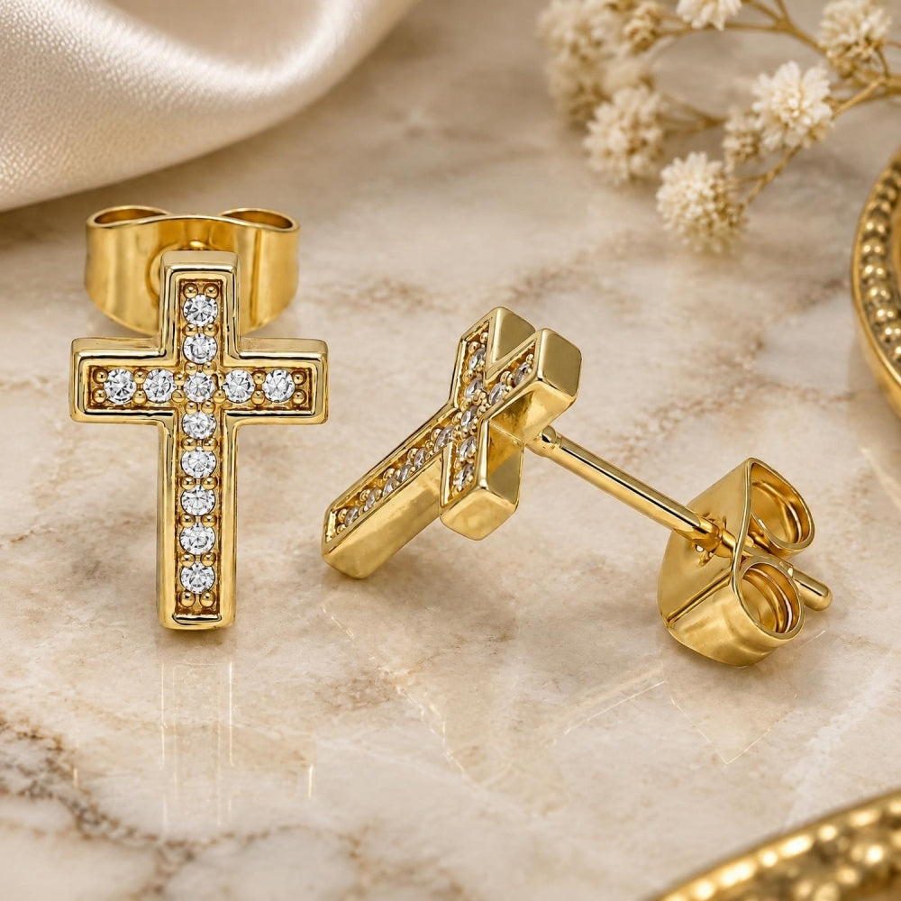 Oro Laminado Stud Earring, Gold Filled Style Cross Design, with White Micro Pave, Polished, Golden Finish