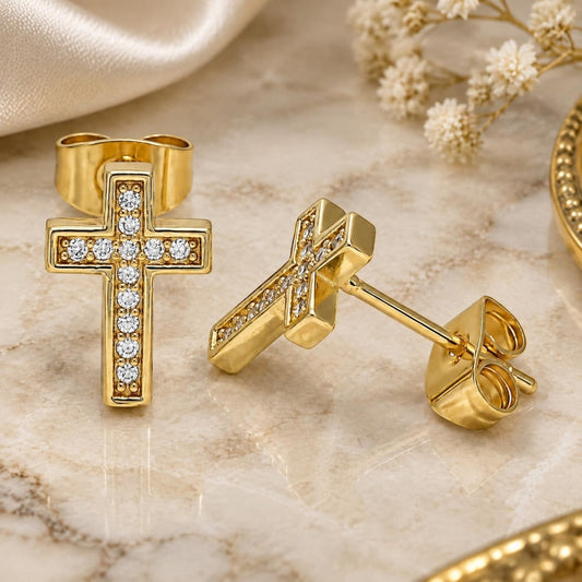 Oro Laminado Stud Earring, Gold Filled Style Cross Design, with White Micro Pave, Polished, Golden Finish