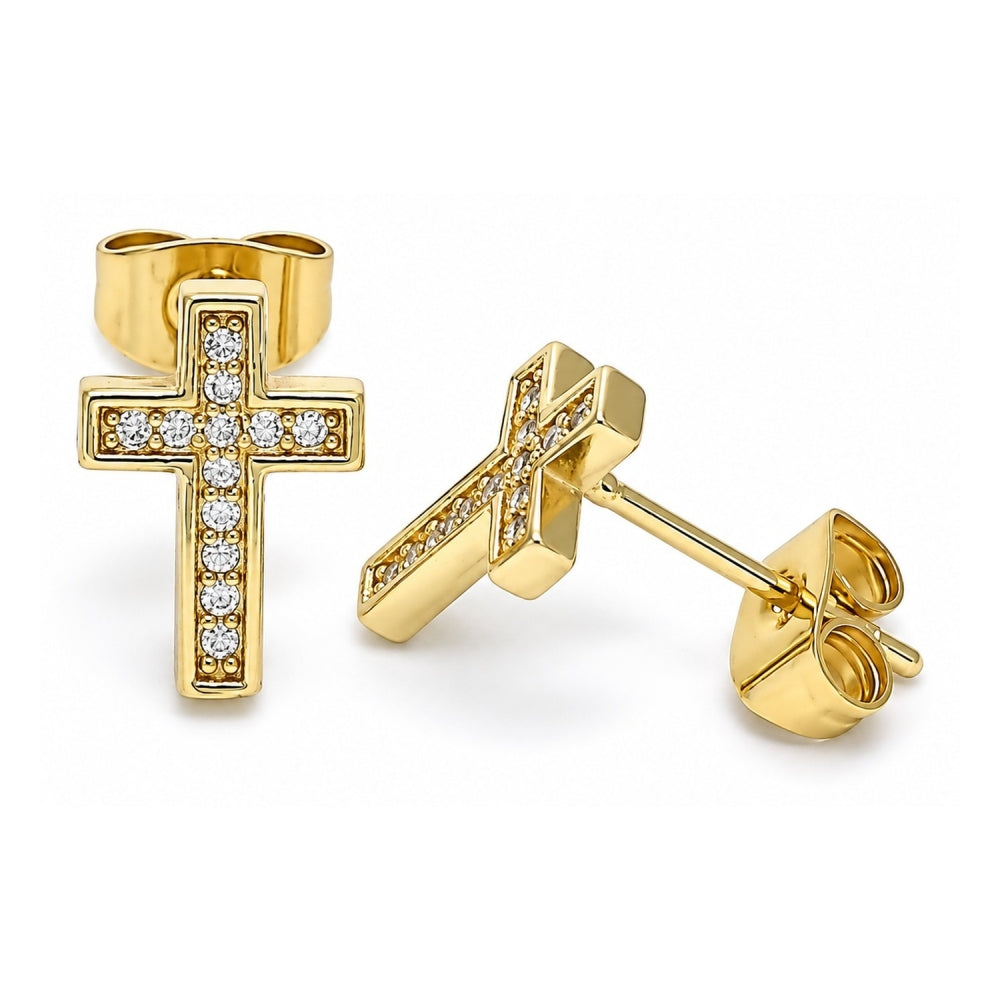 Oro Laminado Stud Earring, Gold Filled Style Cross Design, with White Micro Pave, Polished, Golden Finish