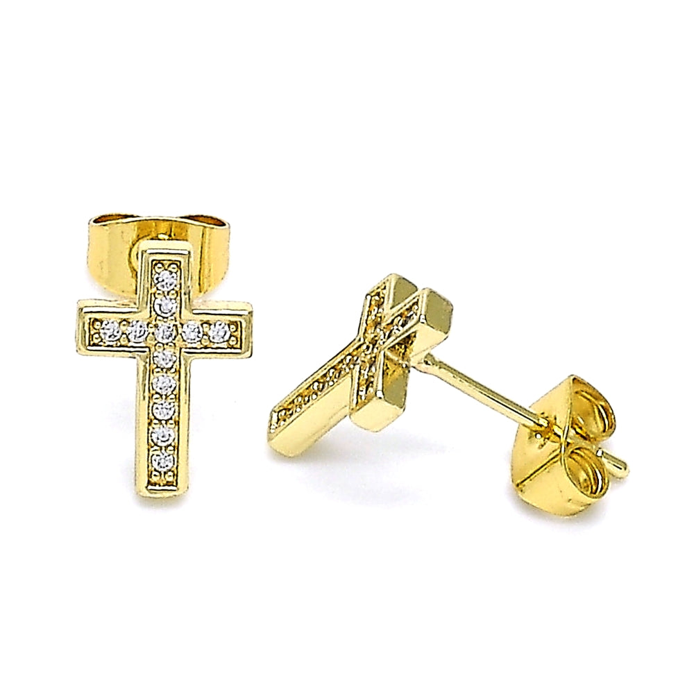 Oro Laminado Stud Earring, Gold Filled Style Cross Design, with White Micro Pave, Polished, Golden Finish