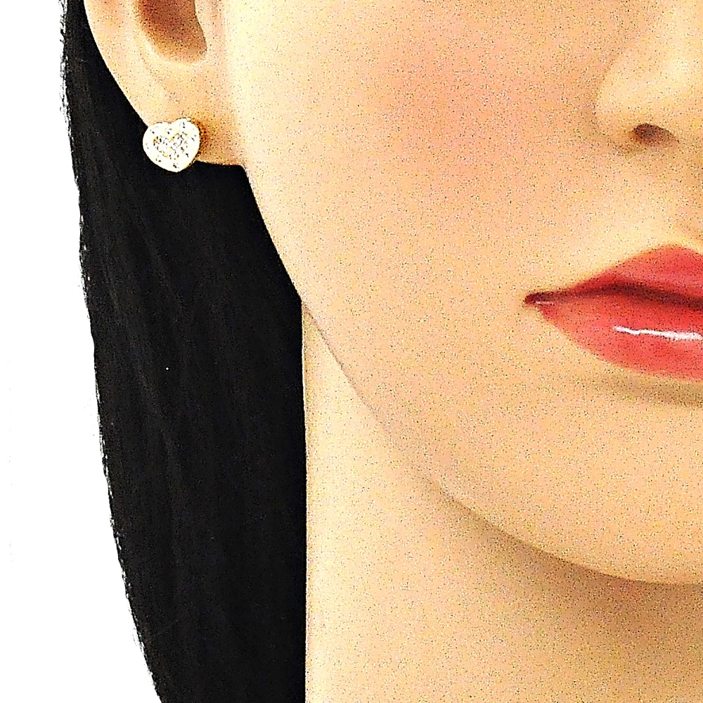 Oro Laminado Stud Earring, Gold Filled Style Heart Design, with White Micro Pave, Polished, Golden Finish