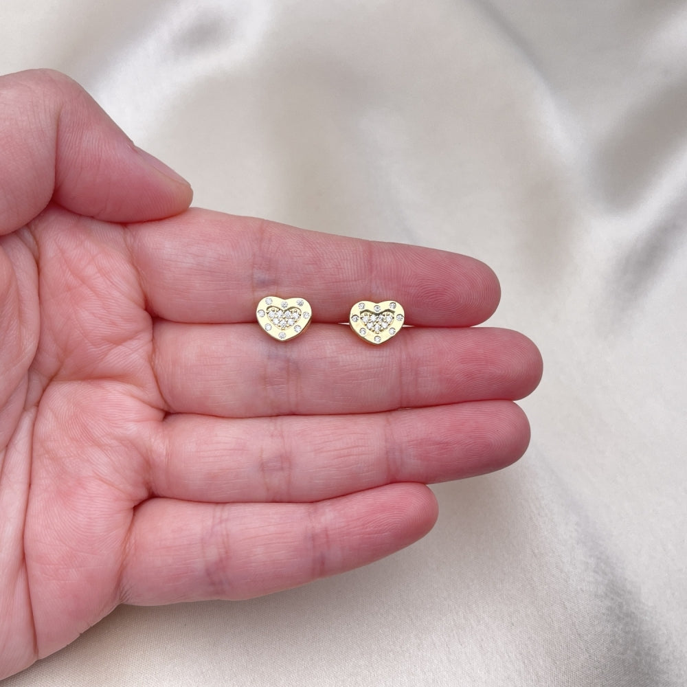 Oro Laminado Stud Earring, Gold Filled Style Heart Design, with White Micro Pave, Polished, Golden Finish