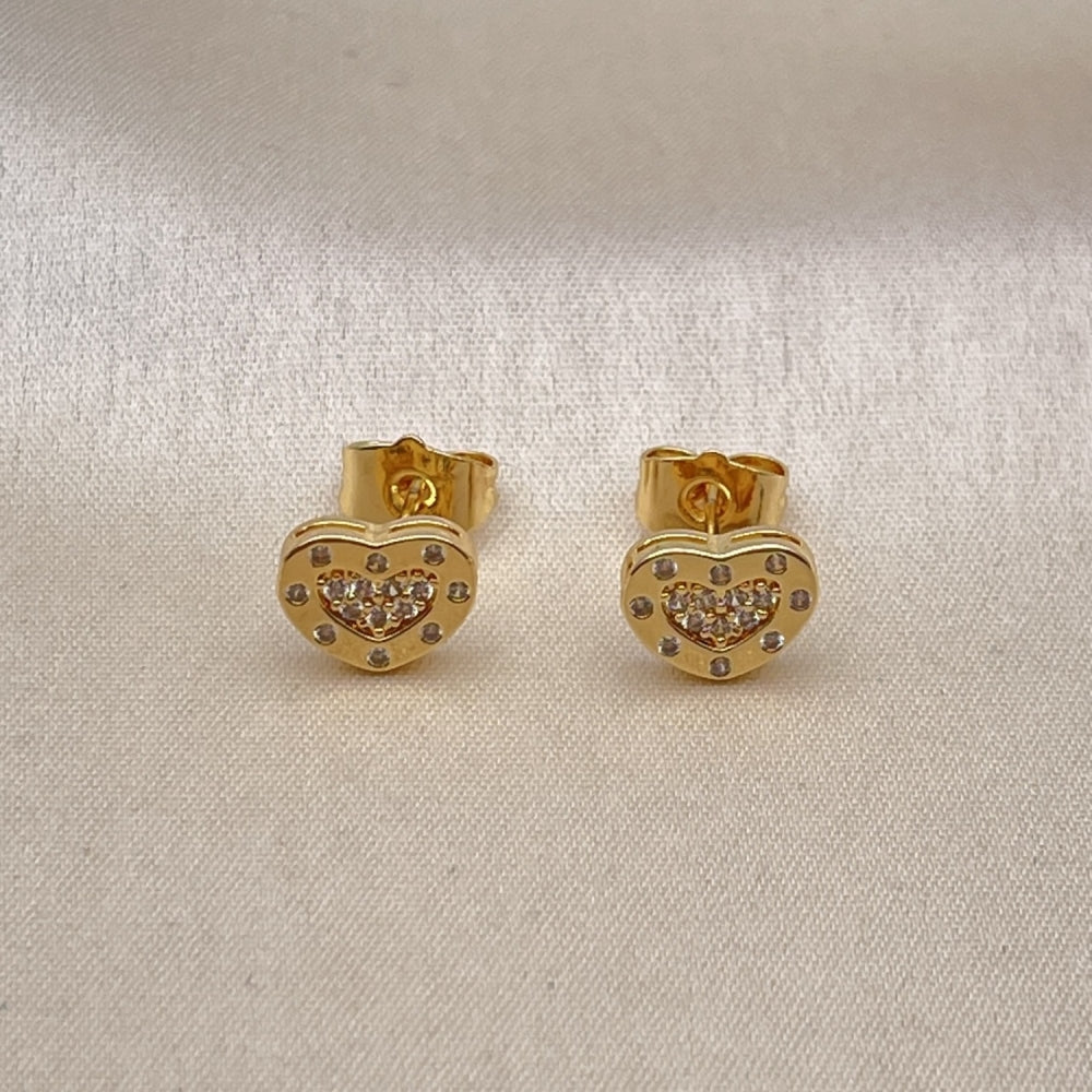 Oro Laminado Stud Earring, Gold Filled Style Heart Design, with White Micro Pave, Polished, Golden Finish